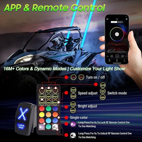 قطعتان من مصابيح سوط ليزر LED مطورة للشاحنات جنبًا إلى جنب/UTV/ATV/الشاحنات، شعاع مركز فائق السطوع، مصابيح الطرق الوعرة RGBW مع التطبيق/جهاز التحكم عن بعد/مفتاح الروك، IP68 مقاوم للماء 12 فولت تيار مستمر in Kuwait