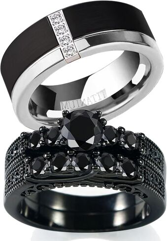 خواتم زوجين خواتم سوداء متطابقة ثلاثة حجر أسود تشيكوسلوفاكيا المرأة خاتم الزواج مجموعات له ولها الرجال خاتم الزفاف in Kuwait