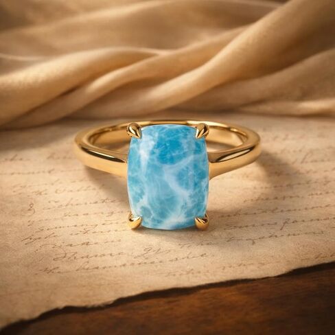 Cushion Cut Blue Larimar Ring in 14K Yellow Gold Solitaire Engagement Promise Ring for Women Minimalist Handmade Jewelry Gift in Saudi Arabia