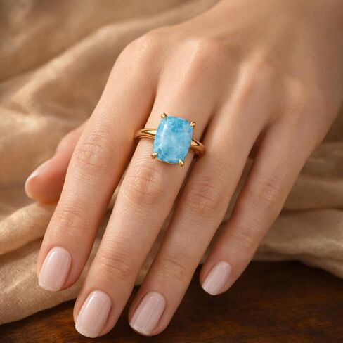 Cushion Cut Blue Larimar Ring in 14K Yellow Gold Solitaire Engagement Promise Ring for Women Minimalist Handmade Jewelry Gift in Saudi Arabia