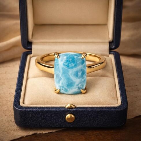 Cushion Cut Blue Larimar Ring in 14K Yellow Gold Solitaire Engagement Promise Ring for Women Minimalist Handmade Jewelry Gift in Saudi Arabia
