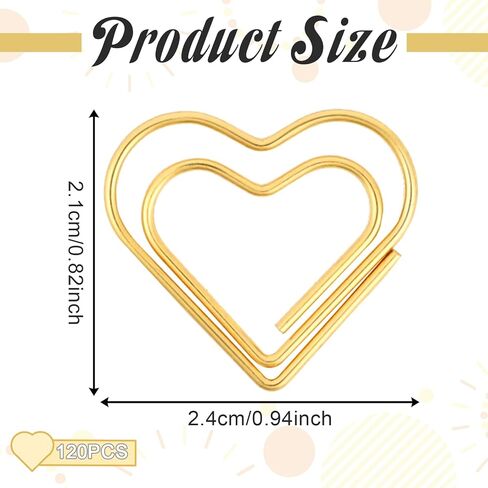 120 Pcs Cute Gold Heart Paper Clips, Love Heart Shape Mini Stainless Steel Clips Small Binder Paperclips Decorative Fancy Bookmark Supplies for Wedding Decor Office School Crafts Document Organizing in Saudi Arabia