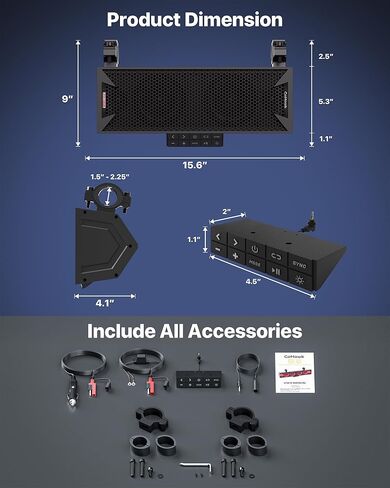 GoHawk 15 Inch UTV Sound Bar, Bluetooth ATV Soundbar with RGB Lights, IP66 Waterproof Golf Cart Sound Bar, SXS SoundBar Compatible with Polaris RZR Can-Am w/FM Radio, Fits 1.5"–2.25" Roll Cages in Kuwait