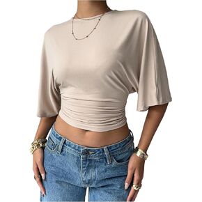 ملابس علوية نسائية من GORGLITTER بأكمام قصيرة وخصر مكشكش ورقبة دائرية مكشكشة، قطع علوية قصيرة غير رسمية للخروج in Kuwait