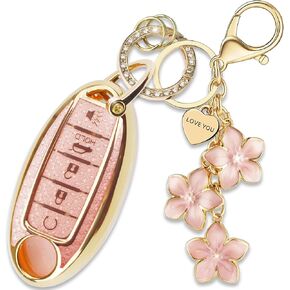 Black TPU Key Fob Cover with Plum Blossom Keychain Compatible with Nissan Altima Armada Maxima Murano Pathfinder Rogue Sedan Sentra Versa 5-Button Smart Key for Women in Saudi Arabia