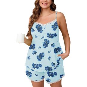 AusLook Women's Plus Size Pajama Sets Lace Trim Cami Sleeveless Top and Shorts Lounge Sleepwear Pj Set with Pockets in Kuwait