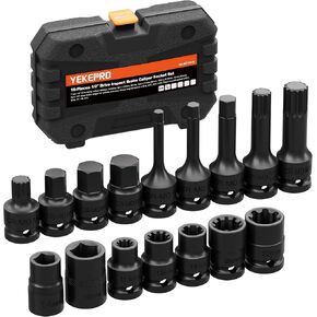 مجموعة لقم ومقبس فرجار فرامل محرك 16 قطعة مقاس 1/2 بوصة، فولاذ CR-MO بدرجة احترافية، تتضمن 5PT 7PT 10PT Spline، M14 M18 ومآخذ سداسية in Kuwait