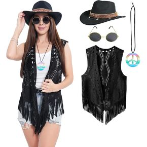سترة هيبي نسائية من Leadtex 60s 70s ملابس للنساء زي ديسكو هيبي سترة شرابة من جلد الغزال الصناعي لحفلات الديسكو in Kuwait