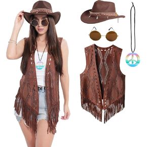 Leadtex Women's Fringe Hippie Vest 60s 70s Outfits for Women Disco Hippie Costume Faux Suede Tassel Jacket for Disco Party in Kuwait
