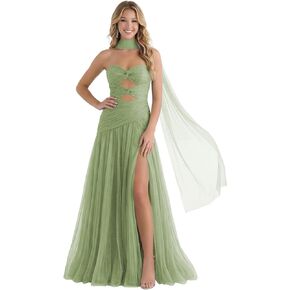 Sparkly Tulle Prom Dress Ball Gown 2026 for Women with Scarf Strapless Pleated Keyhole Long Formal Dress with Slit in Kuwait