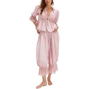 Thopavenoir النساء الدانتيل تقليم 2 قطعة منامة مجموعات Y2k ربطة القوس فيونكة قمصان قصيرة الأكمام + كشكش متوهج فانوس السراويل المتسكعون in Kuwait