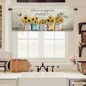 Miyotaa مزرعة ريفي عباد الشمس ستارة المطبخ الستارة 54W × 18H قضيب جيب اقتباسات الكتاب المقدس ملهمة إيجابية تحفيزية نافذة العلاج لغرفة المعيشة غرفة نوم الحمام in Kuwait