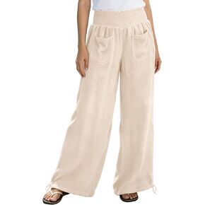 Faleave Women's Linen Blend Wide Leg Pants High Waist Elastic Waistband Drawstring Casual Pants with Pockets in Kuwait