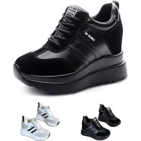 Women's High Top Sneakers, Genuine Leather Trendy Lace-Up Shoes 4.0-Inch Hidden Wedge Heel Platform, Striped Color Blocking Non-Slip Breathable for Casual Street Wear in Kuwait