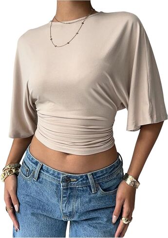 ملابس علوية نسائية من GORGLITTER بأكمام قصيرة وخصر مكشكش ورقبة دائرية مكشكشة، قطع علوية قصيرة غير رسمية للخروج in Kuwait