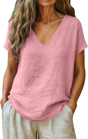 LRMQS Linen Shirts for Women Summer Casual V Neck Short Sleeve Spring Tops Tunic Blouses Loose Fit Cotton Trendy Clothes in Saudi Arabia