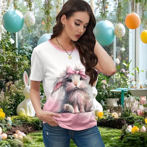 EUOW Easter Bunny Shirt for Women Cute Rabbit Graphic T Shirt Funny Short Sleeve Happy Easter Tee Tops in Saudi Arabia