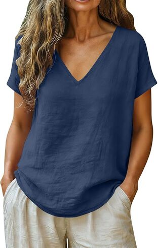 LRMQS Linen Shirts for Women Summer Casual V Neck Short Sleeve Spring Tops Tunic Blouses Loose Fit Cotton Trendy Clothes in Saudi Arabia