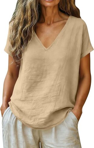 LRMQS Linen Shirts for Women Summer Casual V Neck Short Sleeve Spring Tops Tunic Blouses Loose Fit Cotton Trendy Clothes in Saudi Arabia
