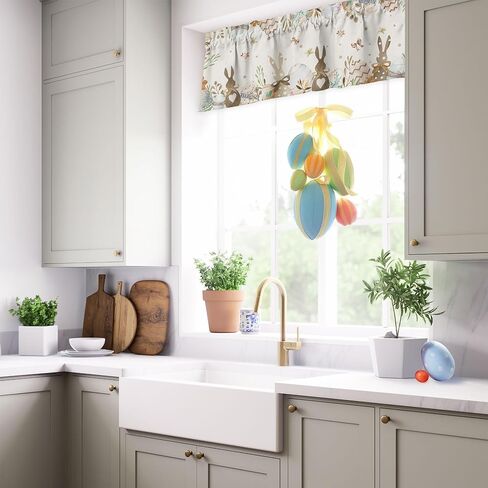 ستائر نافذة أرنب عيد الفصح للمطبخ، ستائر قصيرة لبيض أرنب عيد الفصح، ستارة عيد الفصح السعيدة، ديكور الحمام لغرفة النوم، قطعة واحدة مقاس 52 × 18 بوصة in Kuwait
