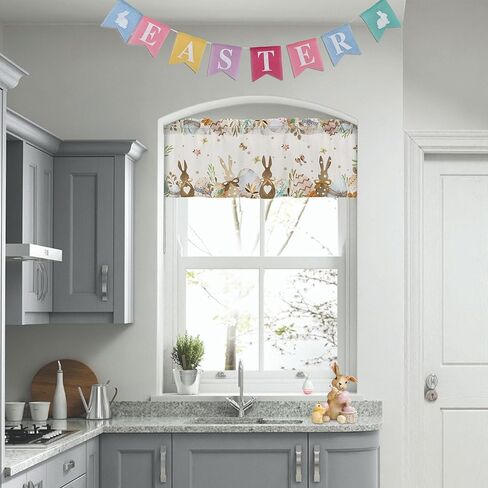 ستائر نافذة أرنب عيد الفصح للمطبخ، ستائر قصيرة لبيض أرنب عيد الفصح، ستارة عيد الفصح السعيدة، ديكور الحمام لغرفة النوم، قطعة واحدة مقاس 52 × 18 بوصة in Kuwait
