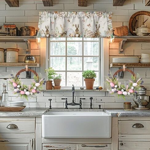 ستائر نافذة أرنب عيد الفصح للمطبخ، ستائر قصيرة لبيض أرنب عيد الفصح، ستارة عيد الفصح السعيدة، ديكور الحمام لغرفة النوم، قطعة واحدة مقاس 52 × 18 بوصة in Kuwait