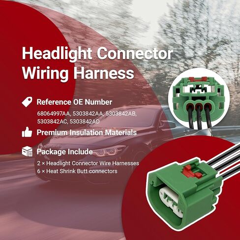 Headlight Connector Wiring Harness Replacement for Jeep Wrangler Patriot Compatible with Dodge Ram Headlight Daytime Running Lamp Parking Light H13, Replaces 68064997AA, 2PCS in Kuwait