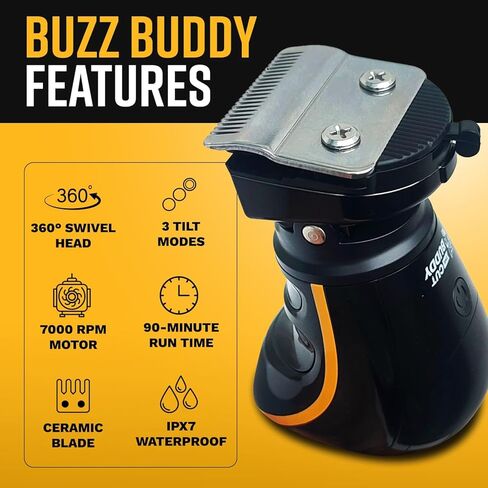 ماكينة قص Buzz Buddy بزاوية 360 درجة، أداة حلاقة برأس دوارة، شفرة سيراميك (0.5-2.0 مم)، محرك هادئ 7000 دورة في الدقيقة، مقاومة للماء IPX7، مجموعة لاسلكية in Kuwait