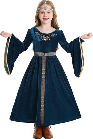 FCCAM Blue Girls Renaissance Dress Costume Flare Sleeve Medieval Princess Costume Kids with Belt in Saudi Arabia