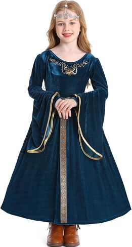 FCCAM Blue Girls Renaissance Dress Costume Flare Sleeve Medieval Princess Costume Kids with Belt in Saudi Arabia