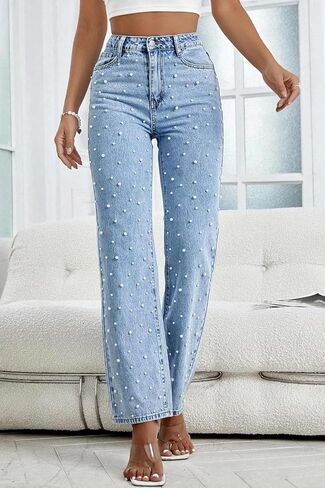 بنطال جينز نسائي عالي الخصر من TKMUNY، فضفاض وواسع ومستقيم، من قماش الدنيم الكاجوال in Kuwait