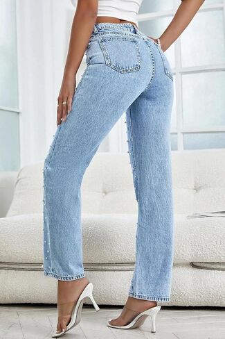 بنطال جينز نسائي عالي الخصر من TKMUNY، فضفاض وواسع ومستقيم، من قماش الدنيم الكاجوال in Kuwait