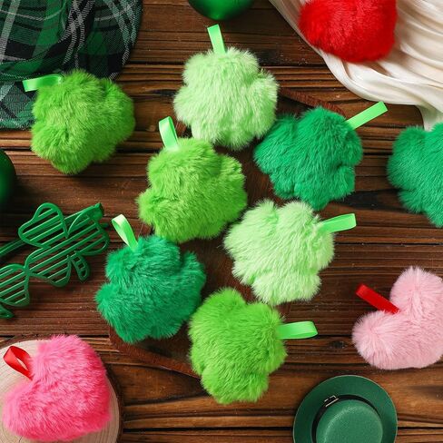 12 Pcs St. Patrick's Day Ornaments for Tree 3.14 Inch Furry Shamrocks Ornaments Plush and 12 Pcs Heart Fuzzy Decorations Luck Irish Hanging Clover Mini Pillow Bowl Filler Party Supply in Saudi Arabia