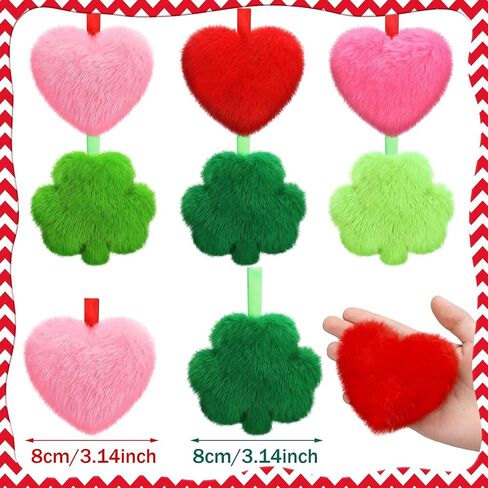 12 Pcs St. Patrick's Day Ornaments for Tree 3.14 Inch Furry Shamrocks Ornaments Plush and 12 Pcs Heart Fuzzy Decorations Luck Irish Hanging Clover Mini Pillow Bowl Filler Party Supply in Saudi Arabia