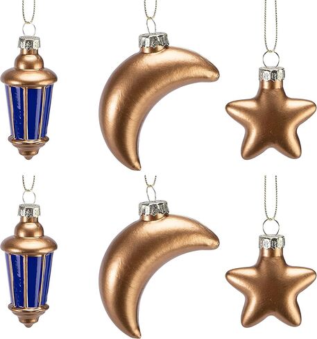 Watayo 6 Pcs Glass Eid Mubarak Lanterns Moon Star Ornaments, Hanging Ramadan Tree Ornaments, Islam Ramadan Kareem Moon Star Lantern Pendant Decorations for Islamic Muslim Festival Party Home Decor in Saudi Arabia