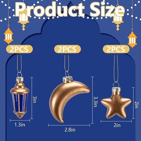 Watayo 6 Pcs Glass Eid Mubarak Lanterns Moon Star Ornaments, Hanging Ramadan Tree Ornaments, Islam Ramadan Kareem Moon Star Lantern Pendant Decorations for Islamic Muslim Festival Party Home Decor in Saudi Arabia
