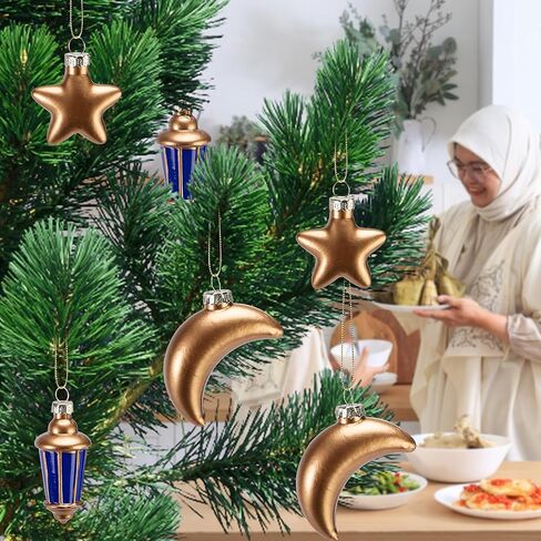 Watayo 6 Pcs Glass Eid Mubarak Lanterns Moon Star Ornaments, Hanging Ramadan Tree Ornaments, Islam Ramadan Kareem Moon Star Lantern Pendant Decorations for Islamic Muslim Festival Party Home Decor in Saudi Arabia