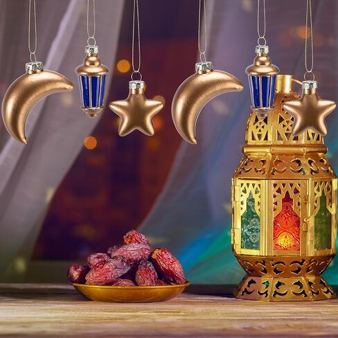 Watayo 6 Pcs Glass Eid Mubarak Lanterns Moon Star Ornaments, Hanging Ramadan Tree Ornaments, Islam Ramadan Kareem Moon Star Lantern Pendant Decorations for Islamic Muslim Festival Party Home Decor in Saudi Arabia
