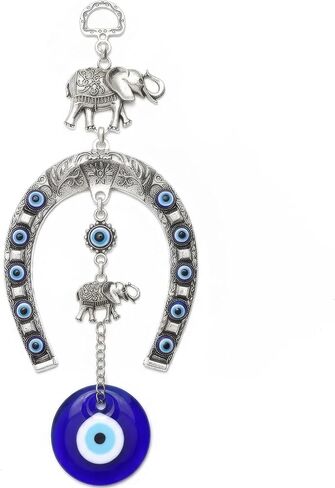 Blue Evil Eye Wall Hanging Decor with Elephant & Horseshoe, Gold Amulet for Home Office Car, Good Luck & Protection Charm in Kuwait