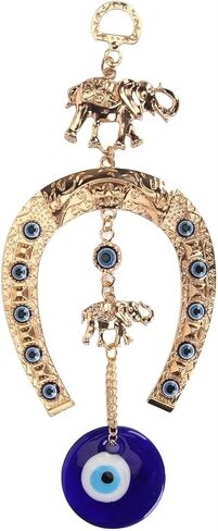 Blue Evil Eye Wall Hanging Decor with Elephant & Horseshoe, Gold Amulet for Home Office Car, Good Luck & Protection Charm in Saudi Arabia