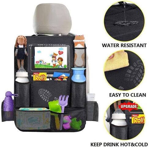 Backseat Car Organizer, Kick Mats Back Seat Protector with Touch Screen Tablet Holder, Adjustable Travel Accessories and Mesh Storage Bag for Car, Closet, Wall and Home Organization, Black in Saudi Arabia