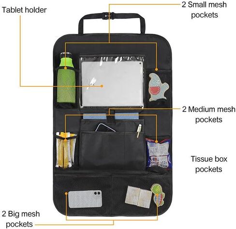 Backseat Car Organizer, Kick Mats Back Seat Protector with Touch Screen Tablet Holder, Adjustable Travel Accessories and Mesh Storage Bag for Car, Closet, Wall and Home Organization, Black in Saudi Arabia