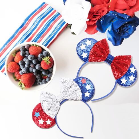 YOWOCAL 4th of July Mouse Ear Headbands, Sequin Patriotic Hair Accessories, Red Silver Blue, 2 Piece Set in Kuwait