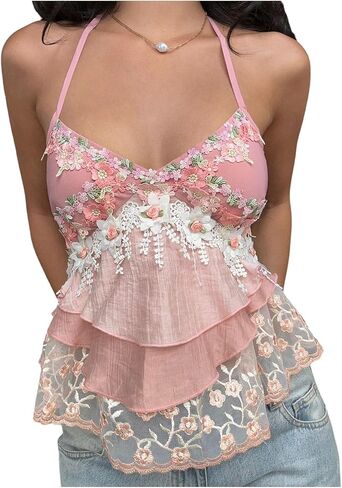 المرأة الأزهار التطريز شبكة كشكش تنحنح Peplum قمم السباغيتي حزام الرسن قمم حديقة حزب وتتسابق in Saudi Arabia