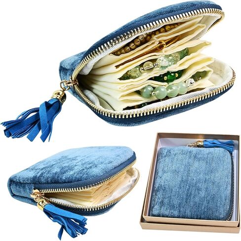 حقيبة مجوهرات للسفر للنساء - تأتي مع صندوق هدايا واحد، وحقيبة سفر محمولة للمجوهرات مع جيوب صغيرة للأحجار الكريمة والأساور والقلائد والأساور والخواتم in Kuwait