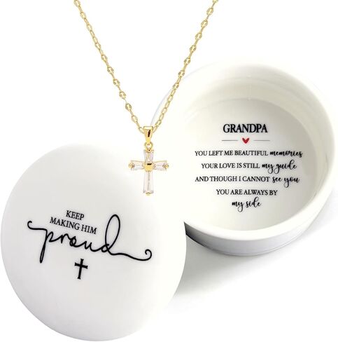 ZomefinKiu Grandpa Memorial Gifts, Keep Making Him Proud Sympathy Keepsake Box Ceramic with Cross Necklace, In Loving Memory of Grandpa, Condolence Remembrance Grieving Grandfather Passed Away Gifts in Kuwait