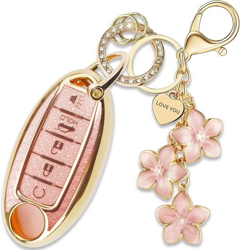 Black TPU Key Fob Cover with Plum Blossom Keychain Compatible with Nissan Altima Armada Maxima Murano Pathfinder Rogue Sedan Sentra Versa 5-Button Smart Key for Women in Saudi Arabia