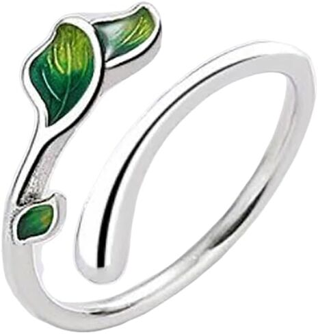 Green Enamel Leaf Wrap Open Finger Ring for Women men Adjustable Band Statement Plant Branch Leaves Delicate Thumb Knuckle Stacking Rings Comfort Fit Birthday Party Fashion Jewelry gifts for Mom Wife in Saudi Arabia