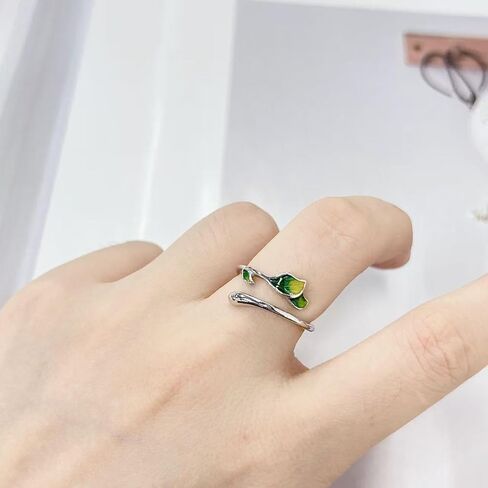 Green Enamel Leaf Wrap Open Finger Ring for Women men Adjustable Band Statement Plant Branch Leaves Delicate Thumb Knuckle Stacking Rings Comfort Fit Birthday Party Fashion Jewelry gifts for Mom Wife in Saudi Arabia