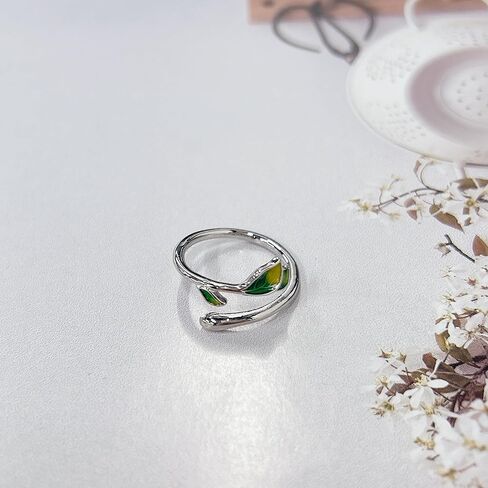 Green Enamel Leaf Wrap Open Finger Ring for Women men Adjustable Band Statement Plant Branch Leaves Delicate Thumb Knuckle Stacking Rings Comfort Fit Birthday Party Fashion Jewelry gifts for Mom Wife in Saudi Arabia